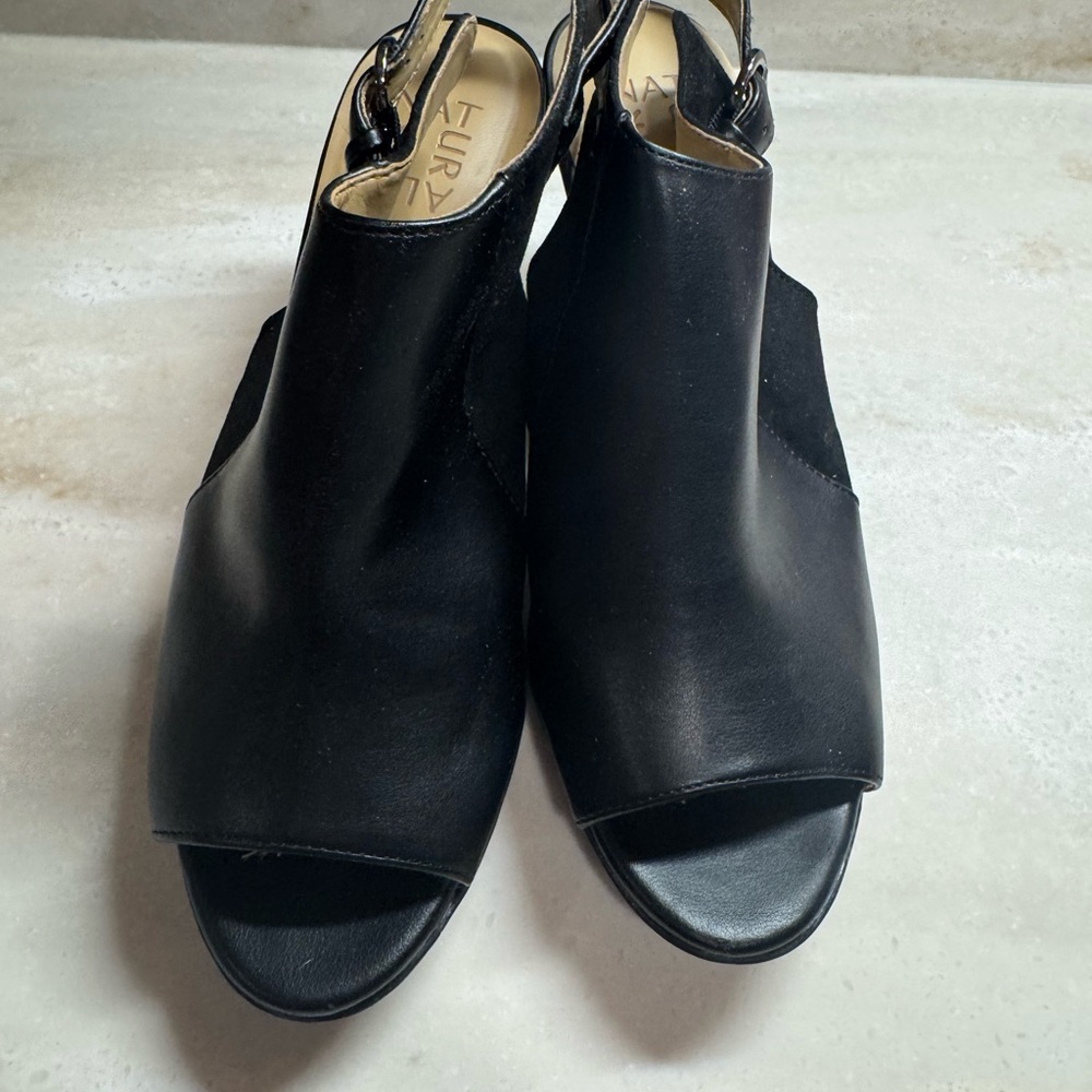 Naturalizer Heels DAWN 8 Women’s Black Leather Strap Open Toe Booties